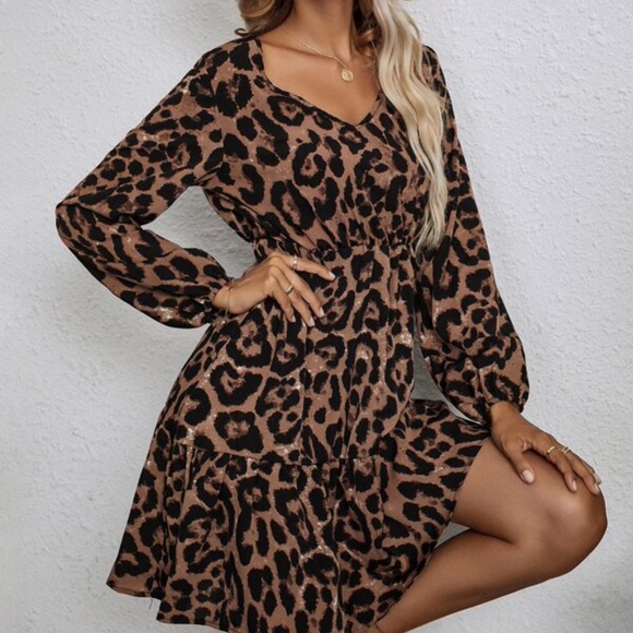 Camel Leopard Print Mini Dress Ruffle Chic - Picture 2 of 4